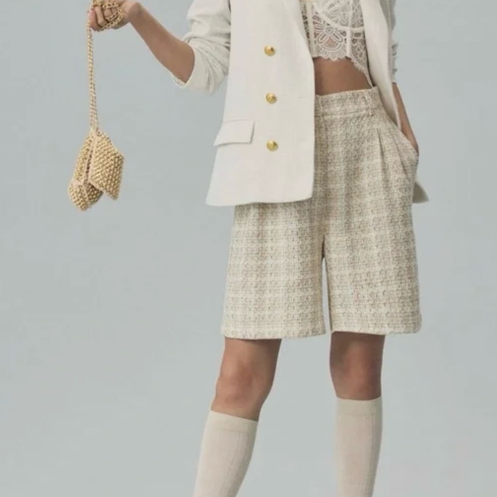 NWT Avec Les Filles Anthropologie Cream Gold Tweed Pleated Shorts Casual - Picture 2 of 9